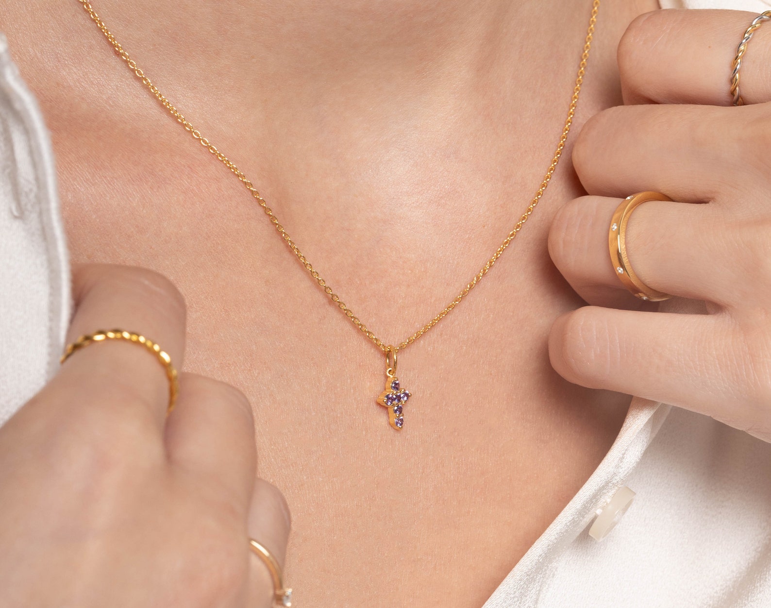 Amethyst Necklace / Tiny Cross Pendant for Women / February Birthstone Necklace / Religious Necklace Gift