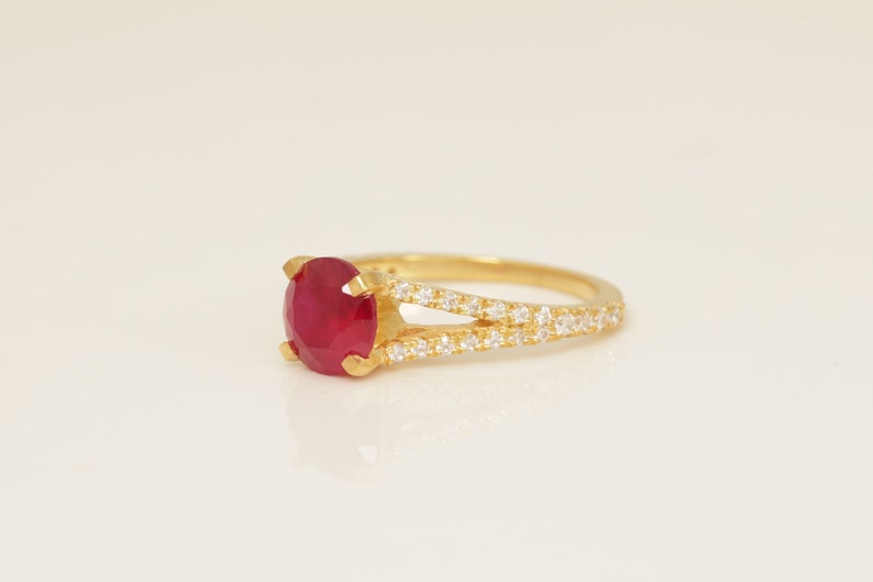 Split Shank Ruby Engagement Ring, July Birthstone Ring, Diamond Halo Anniversary Ring, Bridal Promise Ring Gift for Her
