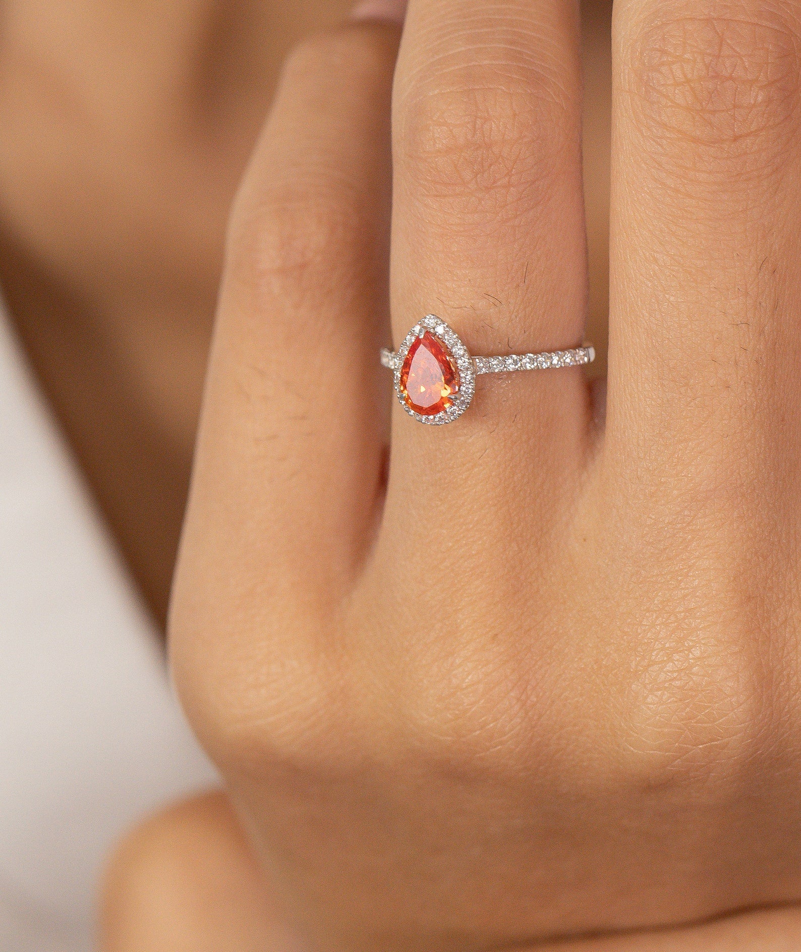 Pear Shaped Orange sapphire Engagement Ring, September Birthstone Ring, Halo Classic Ring, Vintage Anniversary Gift for Women