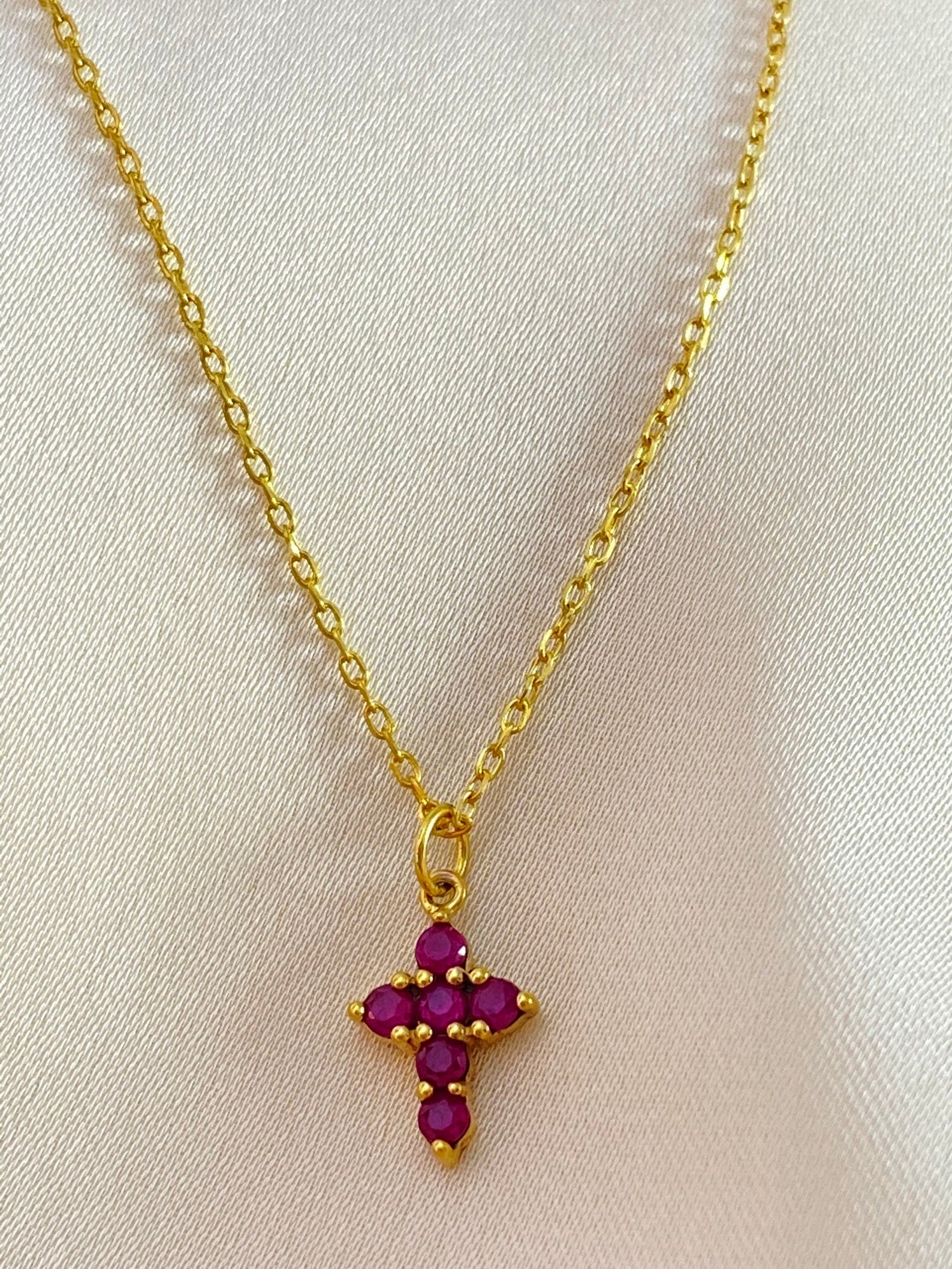 Ruby Necklace / Tiny Cross Pendant for Women / July Birthstone Necklace / Religious Necklace Gift