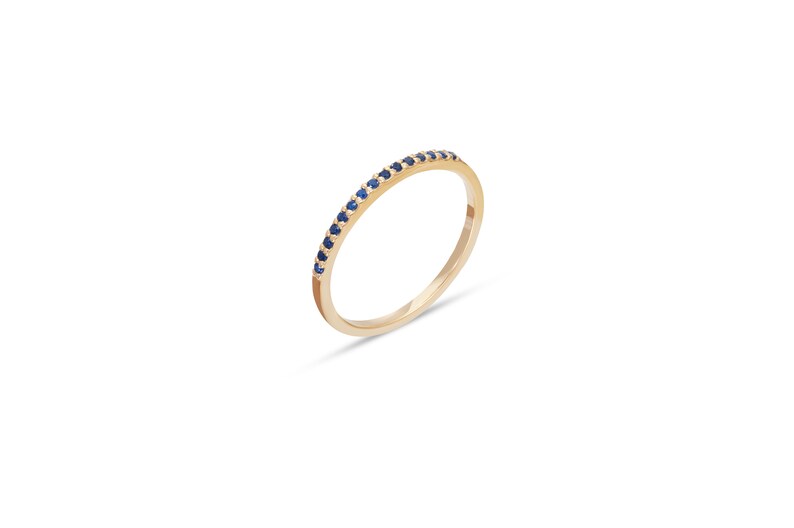 Micro Pave Blue Sapphire Wedding Band, Sterling Silver Dainty Stackable Band, September Birthstones, Stacking Ring