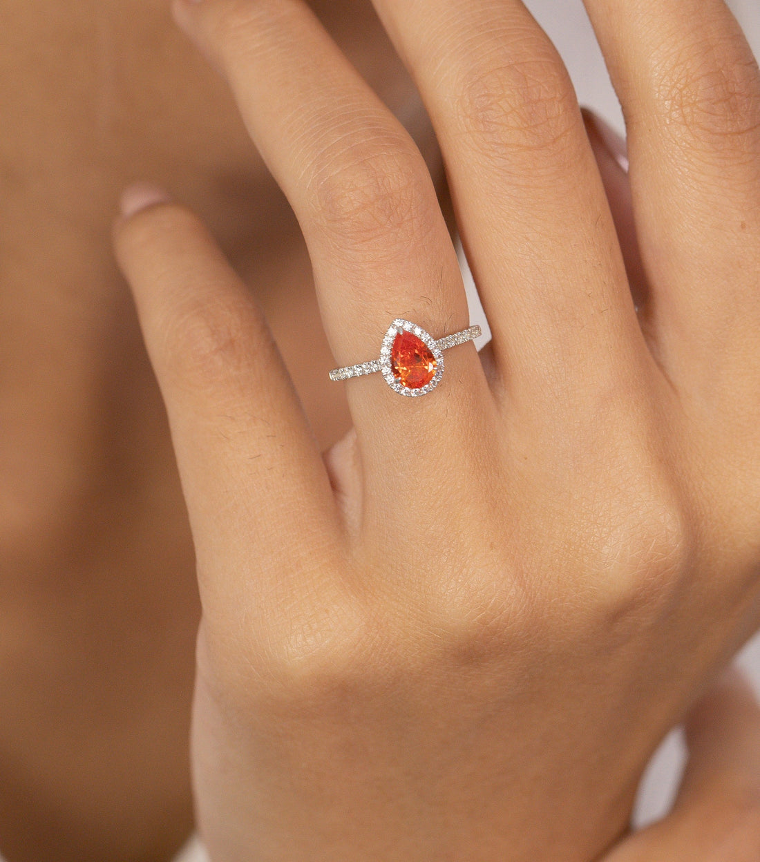 Pear Shaped Orange sapphire Engagement Ring, September Birthstone Ring, Halo Classic Ring, Vintage Anniversary Gift for Women