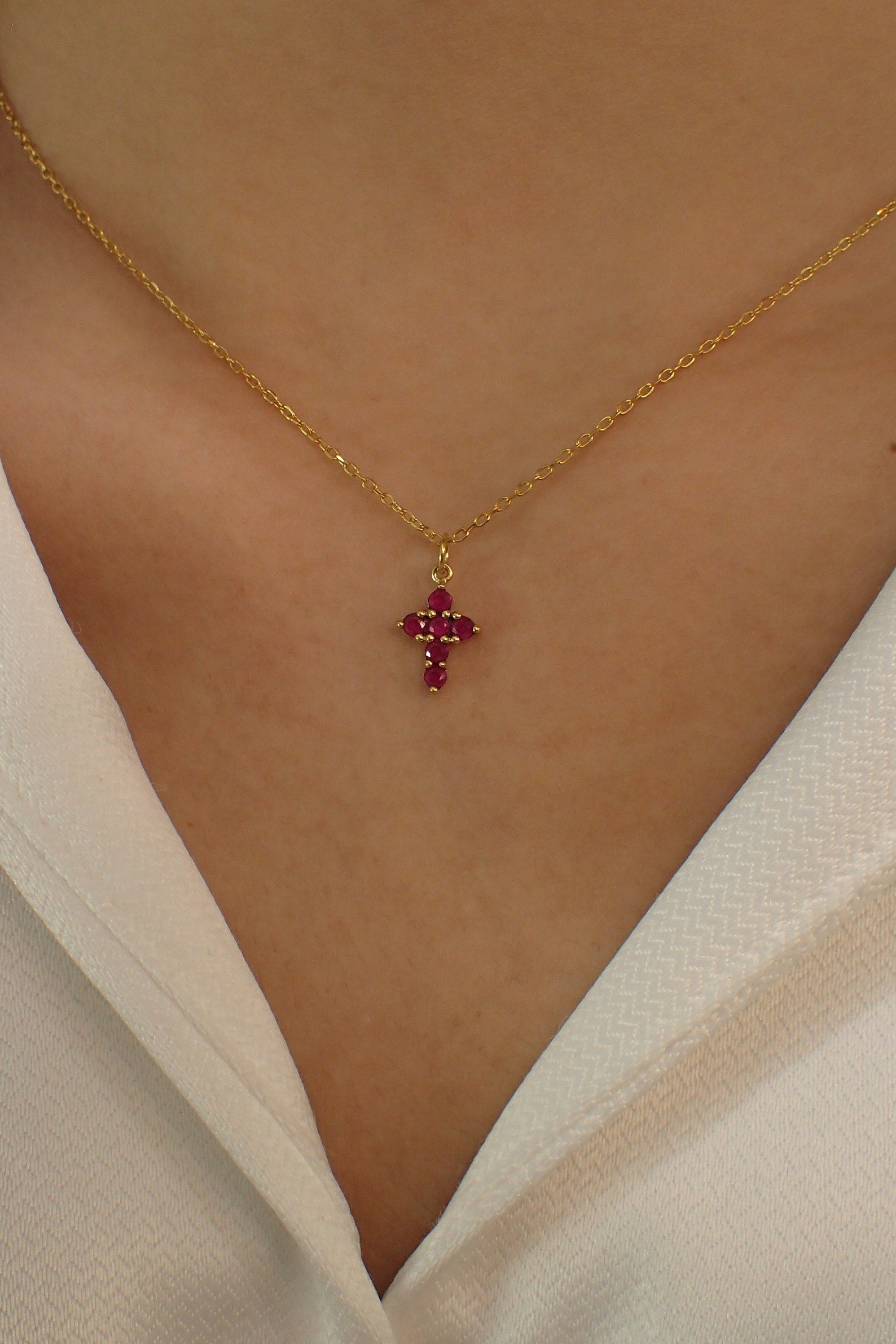 Ruby Necklace / Tiny Cross Pendant for Women / July Birthstone Necklace / Religious Necklace Gift