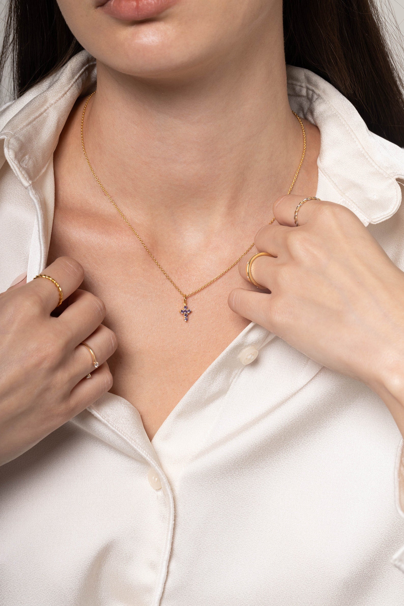 Amethyst Necklace / Tiny Cross Pendant for Women / February Birthstone Necklace / Religious Necklace Gift