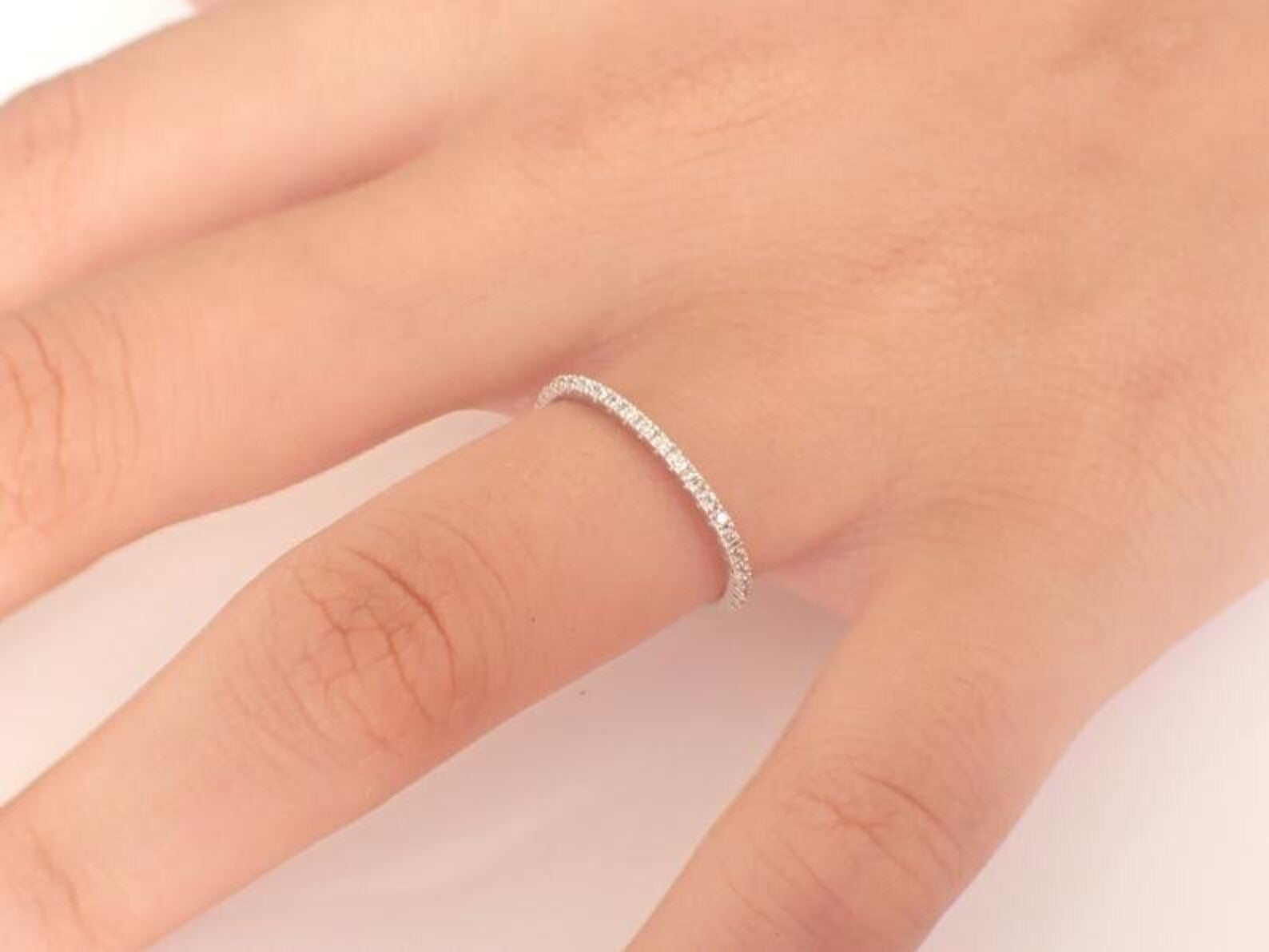Micro Pave Moissanite Wedding Band / Thin Dainty Stackable Band / Moissanite Band / Half Eternity Stacking Ring