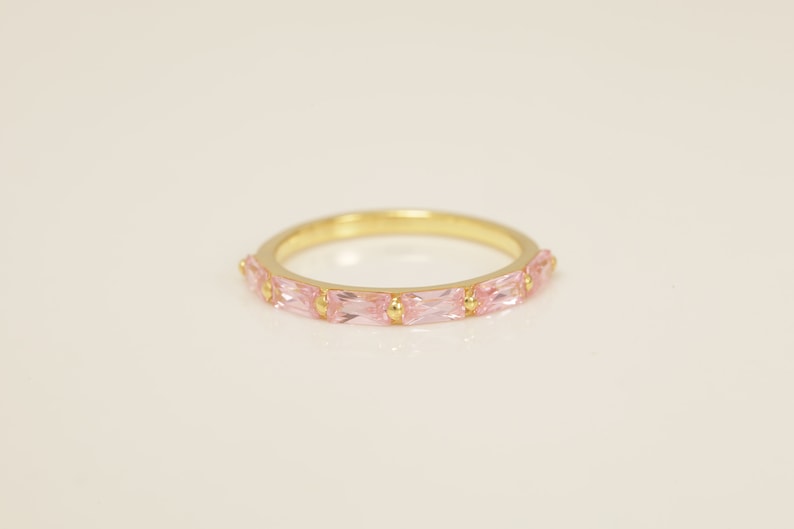 Baguette Pink Sapphire Wedding Ring, September Birthstone Ring, Half Eternity Sapphire Ring, Promise Ring, Vintage Wedding Band