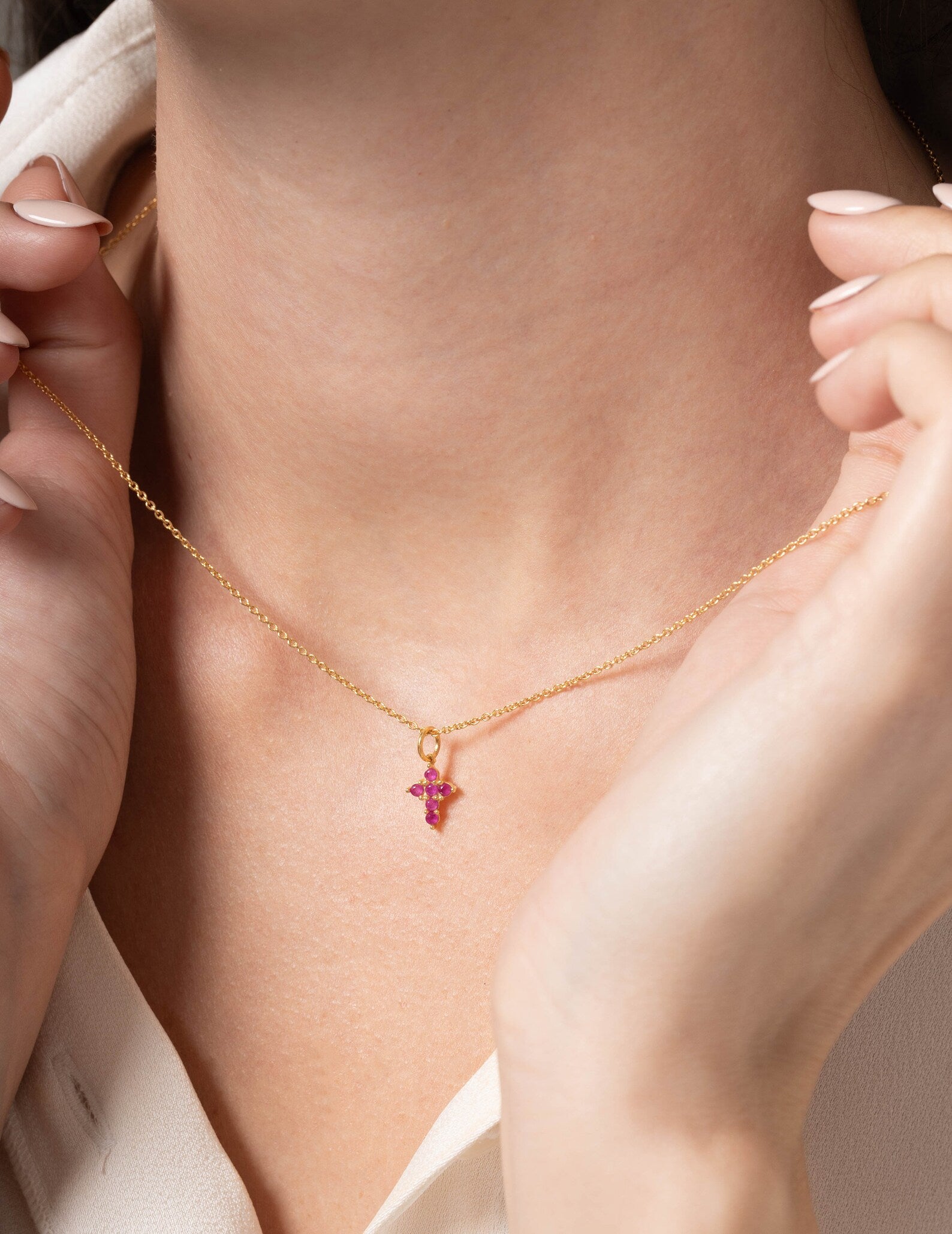 Ruby Necklace / Tiny Cross Pendant for Women / July Birthstone Necklace / Religious Necklace Gift