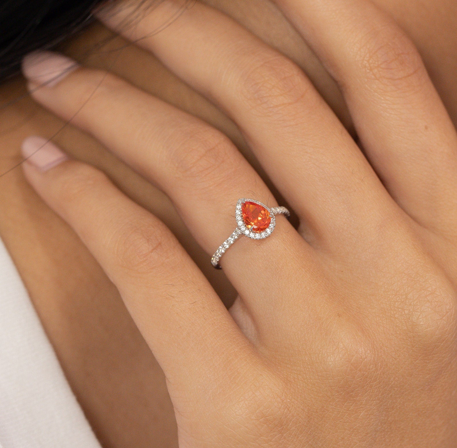 Pear Shaped Orange sapphire Engagement Ring, September Birthstone Ring, Halo Classic Ring, Vintage Anniversary Gift for Women