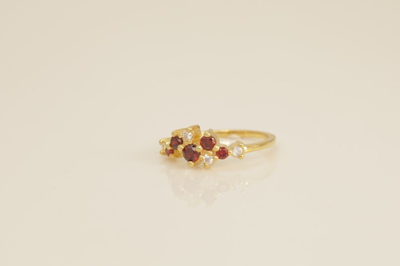 Garnet Cluster Wedding Ring, Diamond Cluster Ring, Unique Garnet Stackable Ring, Minimalist Ring, Gift for Her