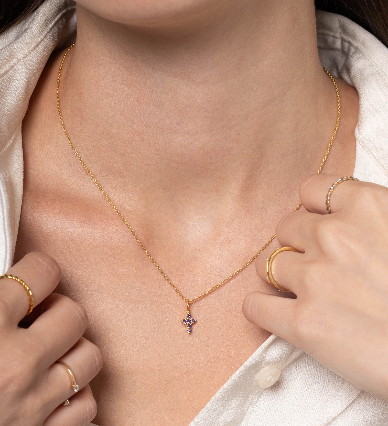 Amethyst Necklace / Tiny Cross Pendant for Women / February Birthstone Necklace / Religious Necklace Gift