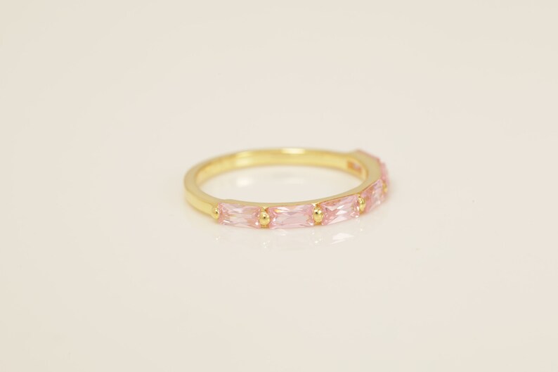 Baguette Pink Sapphire Wedding Ring, September Birthstone Ring, Half Eternity Sapphire Ring, Promise Ring, Vintage Wedding Band