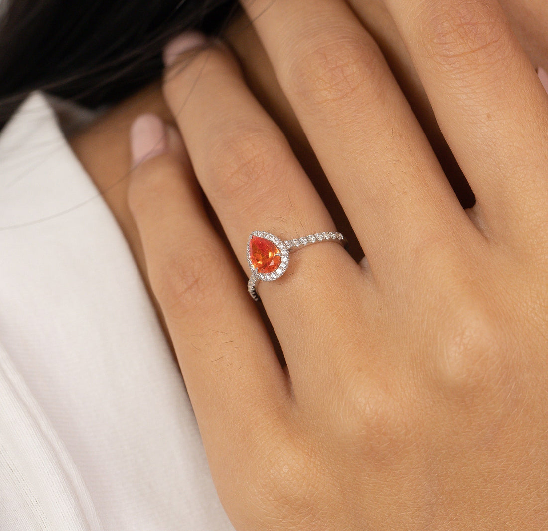 Pear Shaped Orange sapphire Engagement Ring, September Birthstone Ring, Halo Classic Ring, Vintage Anniversary Gift for Women