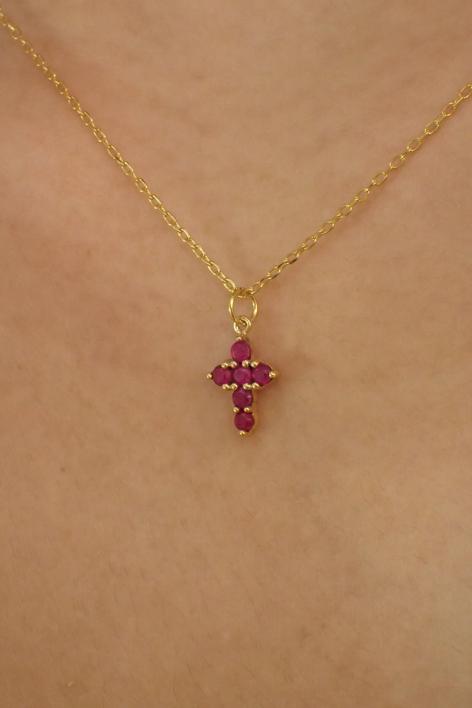Ruby Necklace / Tiny Cross Pendant for Women / July Birthstone Necklace / Religious Necklace Gift