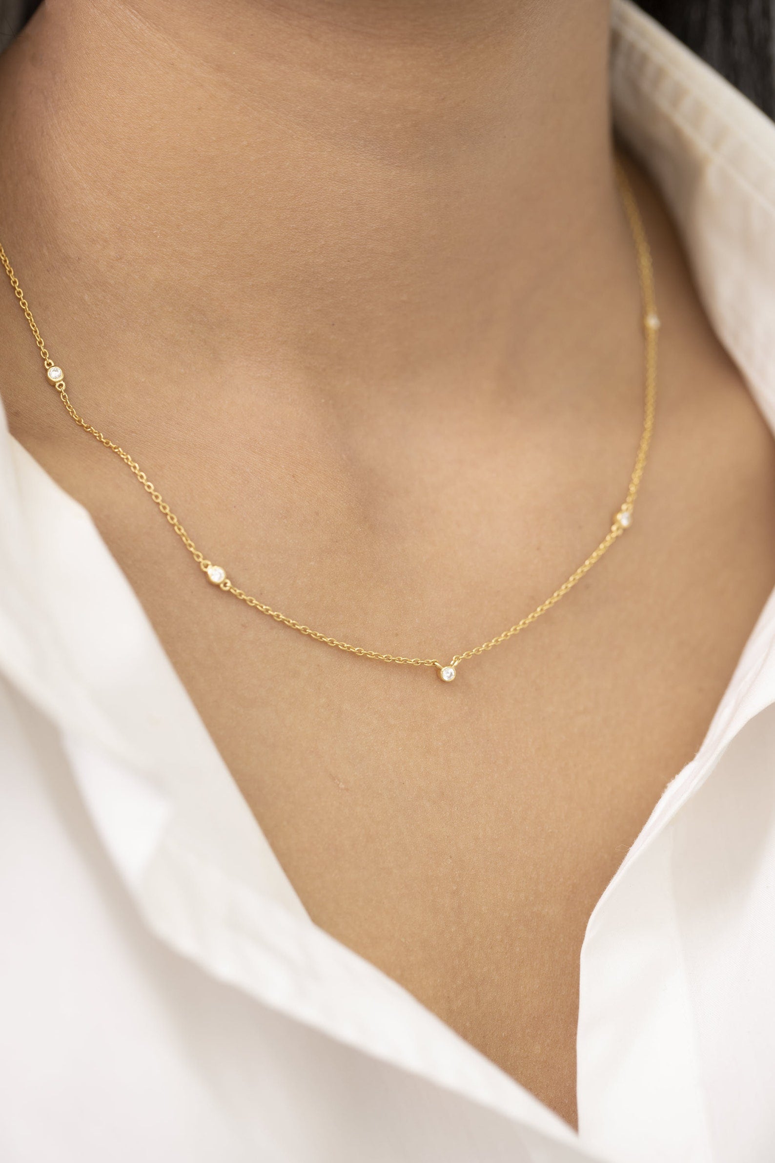 Moissanite by the Yard Necklace, 5 Station Bezel Set Necklace, Moissanite Wedding Necklace, Layering Necklace