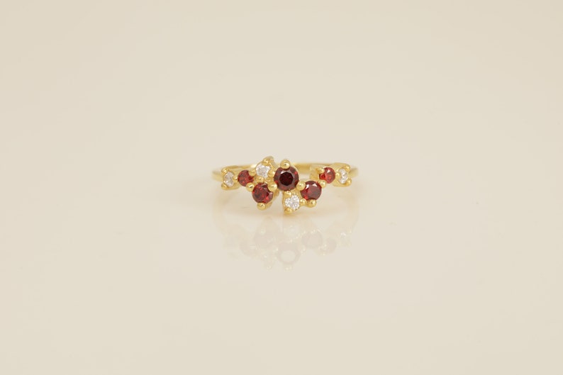 Garnet Cluster Wedding Ring, Diamond Cluster Ring, Unique Garnet Stackable Ring, Minimalist Ring, Gift for Her