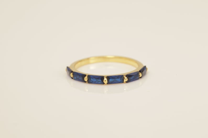 Baguette Blue Sapphire Wedding Ring, September Birthstone Ring, Half Eternity Sapphire Ring, Promise Ring, Vintage Wedding Band