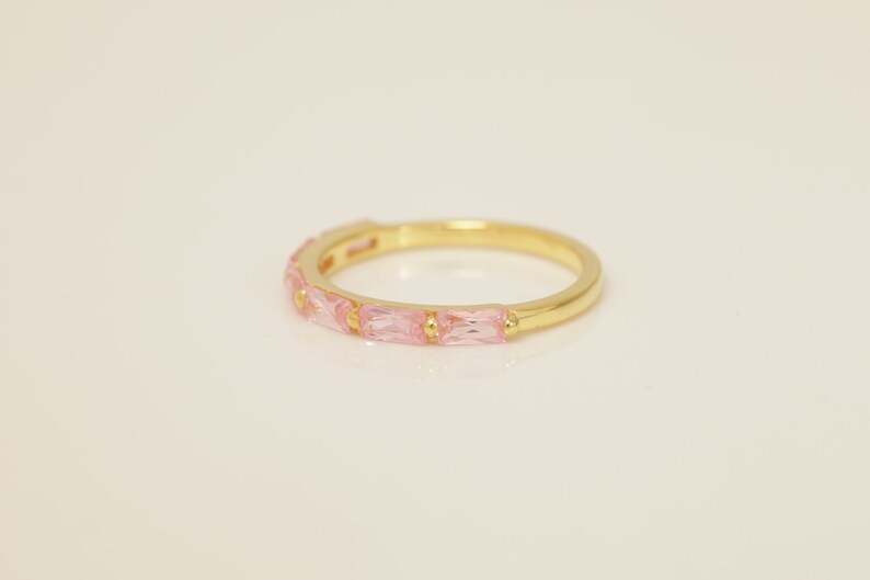 Baguette Pink Sapphire Wedding Ring, September Birthstone Ring, Half Eternity Sapphire Ring, Promise Ring, Vintage Wedding Band