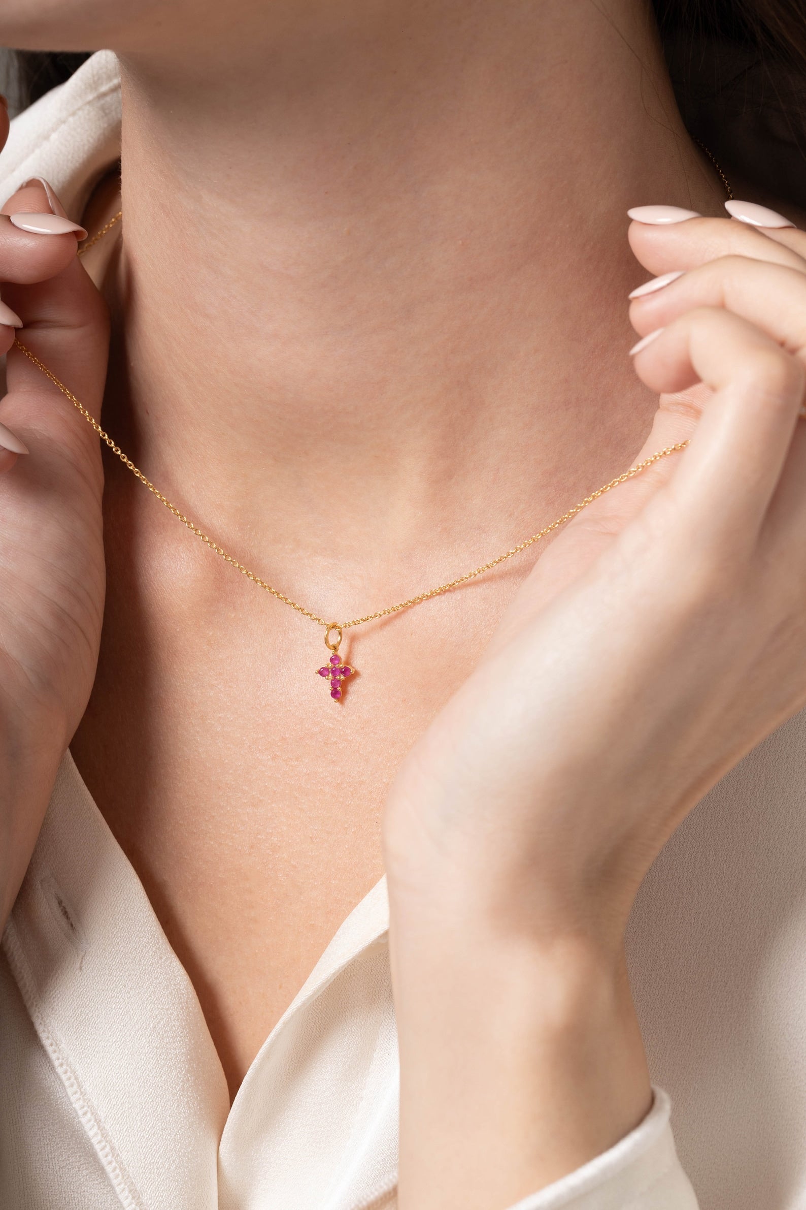 Ruby Necklace / Tiny Cross Pendant for Women / July Birthstone Necklace / Religious Necklace Gift