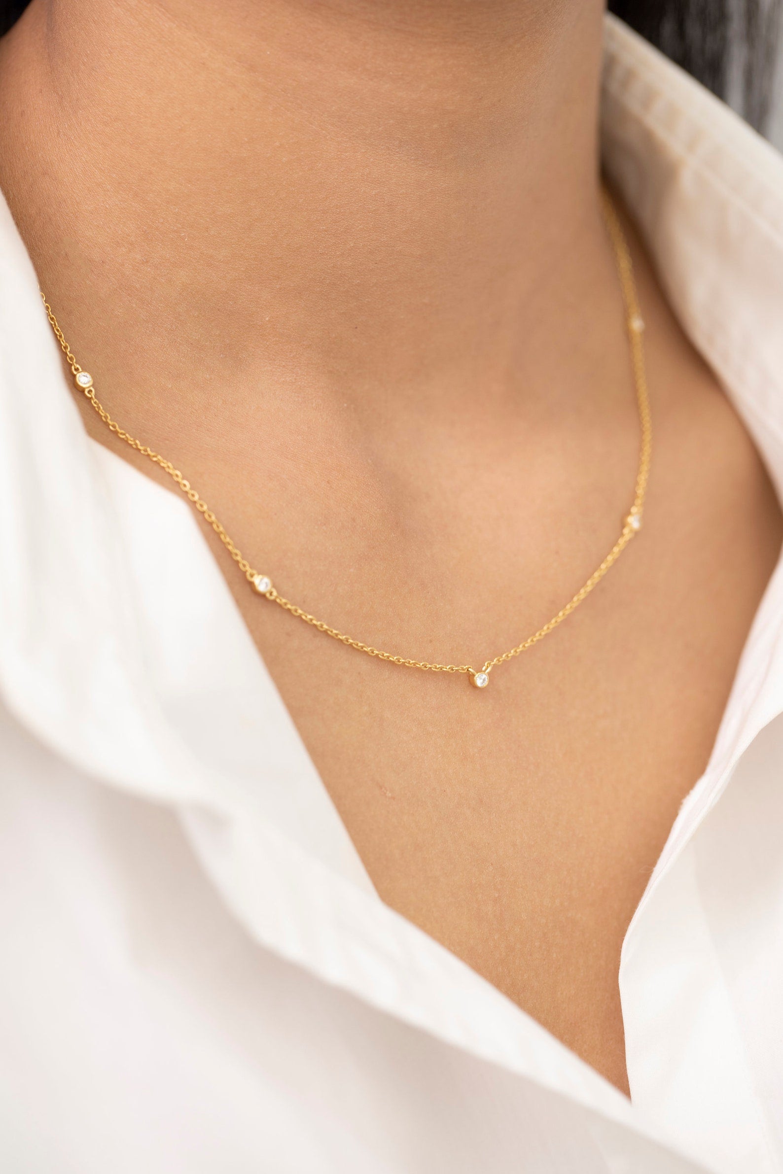 Moissanite by the Yard Necklace, 5 Station Bezel Set Necklace, Moissanite Wedding Necklace, Layering Necklace