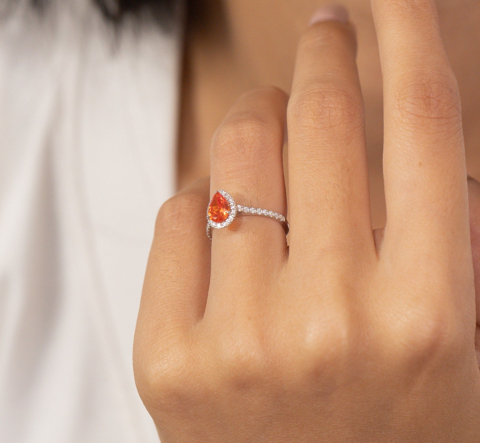 Pear Shaped Orange sapphire Engagement Ring, September Birthstone Ring, Halo Classic Ring, Vintage Anniversary Gift for Women