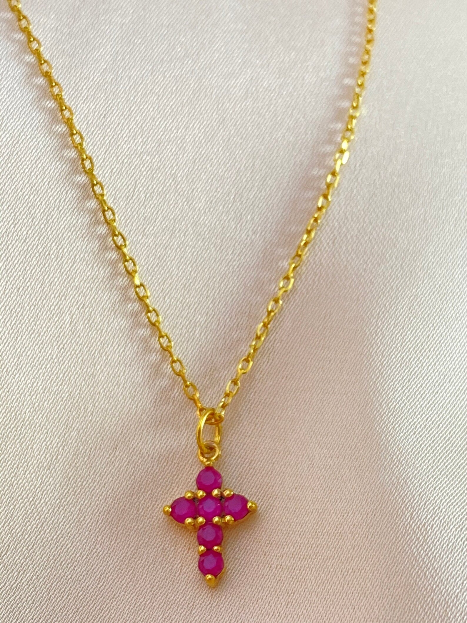 Ruby Necklace / Tiny Cross Pendant for Women / July Birthstone Necklace / Religious Necklace Gift