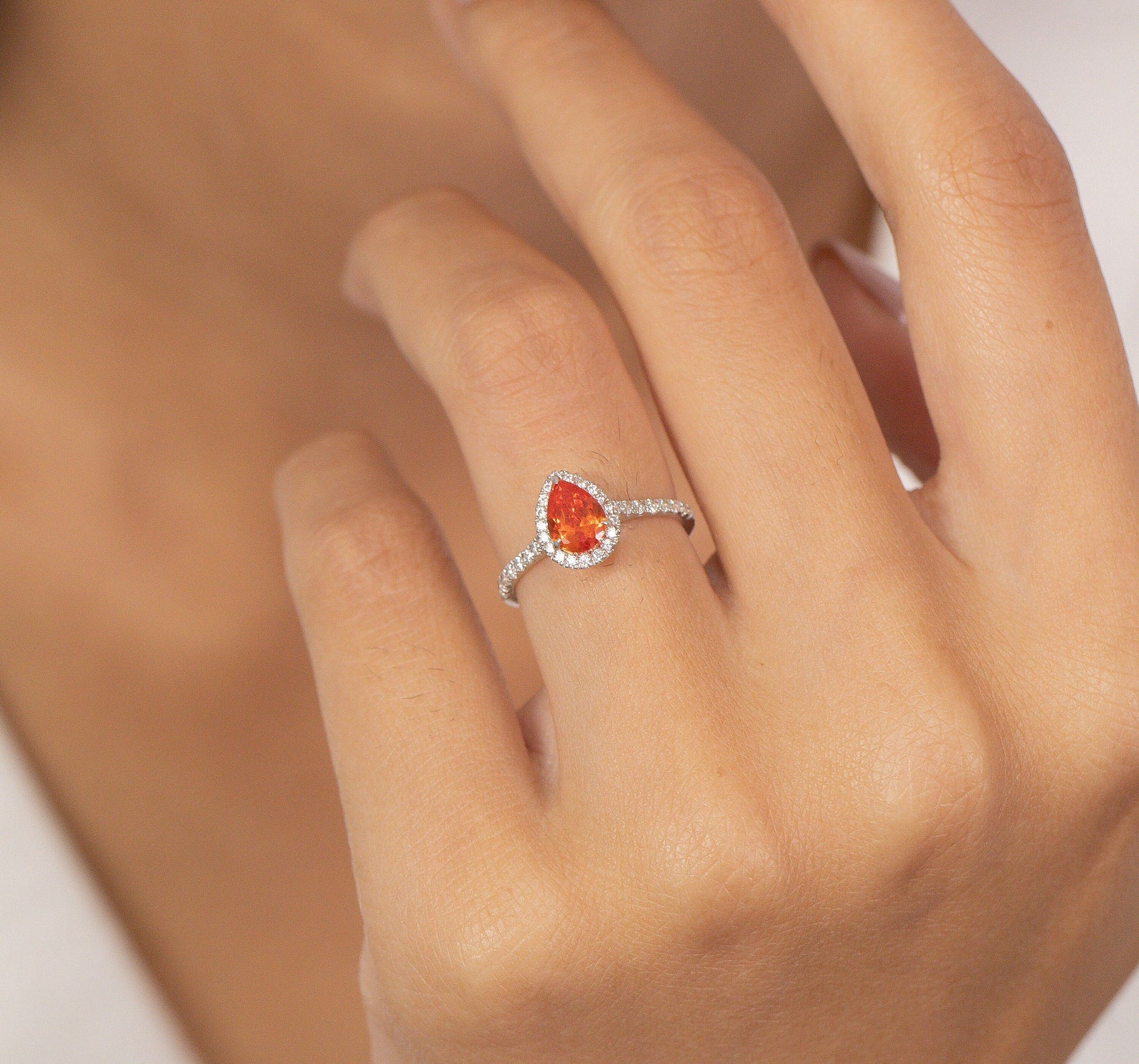 Pear Shaped Orange sapphire Engagement Ring, September Birthstone Ring, Halo Classic Ring, Vintage Anniversary Gift for Women
