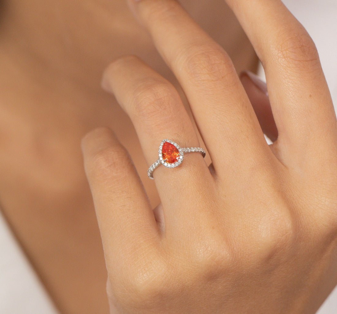 Pear Shaped Orange sapphire Engagement Ring, September Birthstone Ring, Halo Classic Ring, Vintage Anniversary Gift for Women