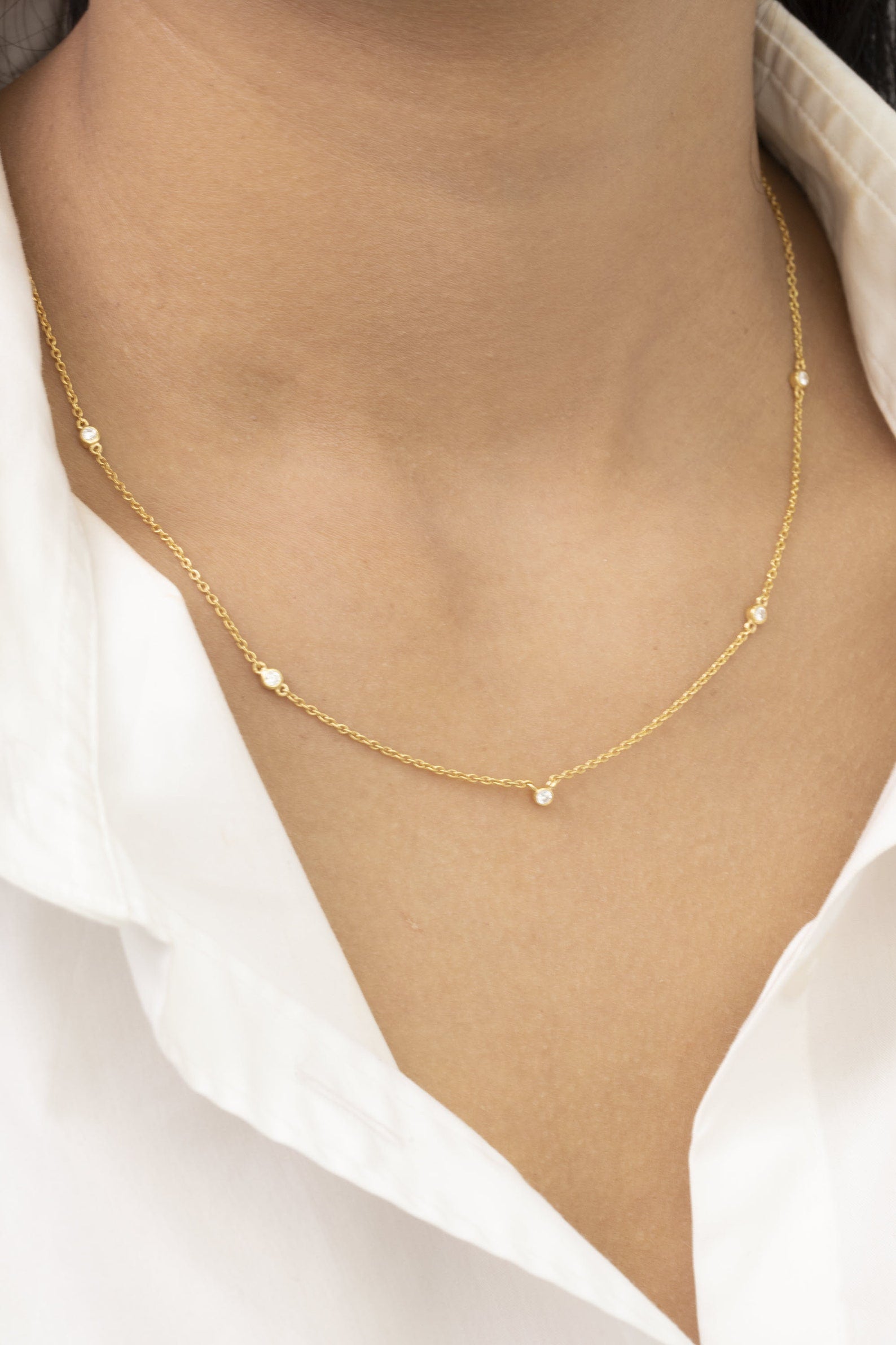 Moissanite by the Yard Necklace, 5 Station Bezel Set Necklace, Moissanite Wedding Necklace, Layering Necklace