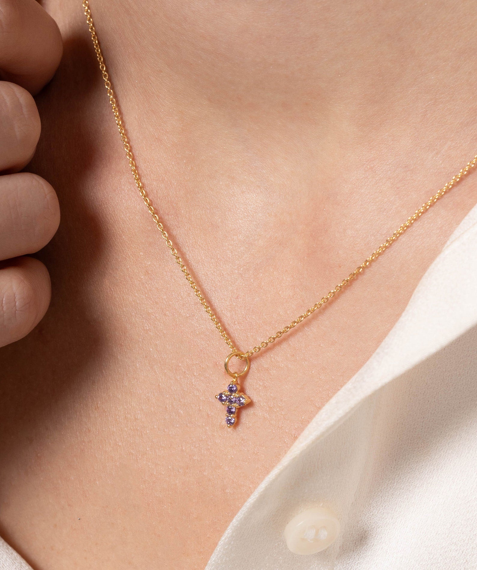 Amethyst Necklace / Tiny Cross Pendant for Women / February Birthstone Necklace / Religious Necklace Gift