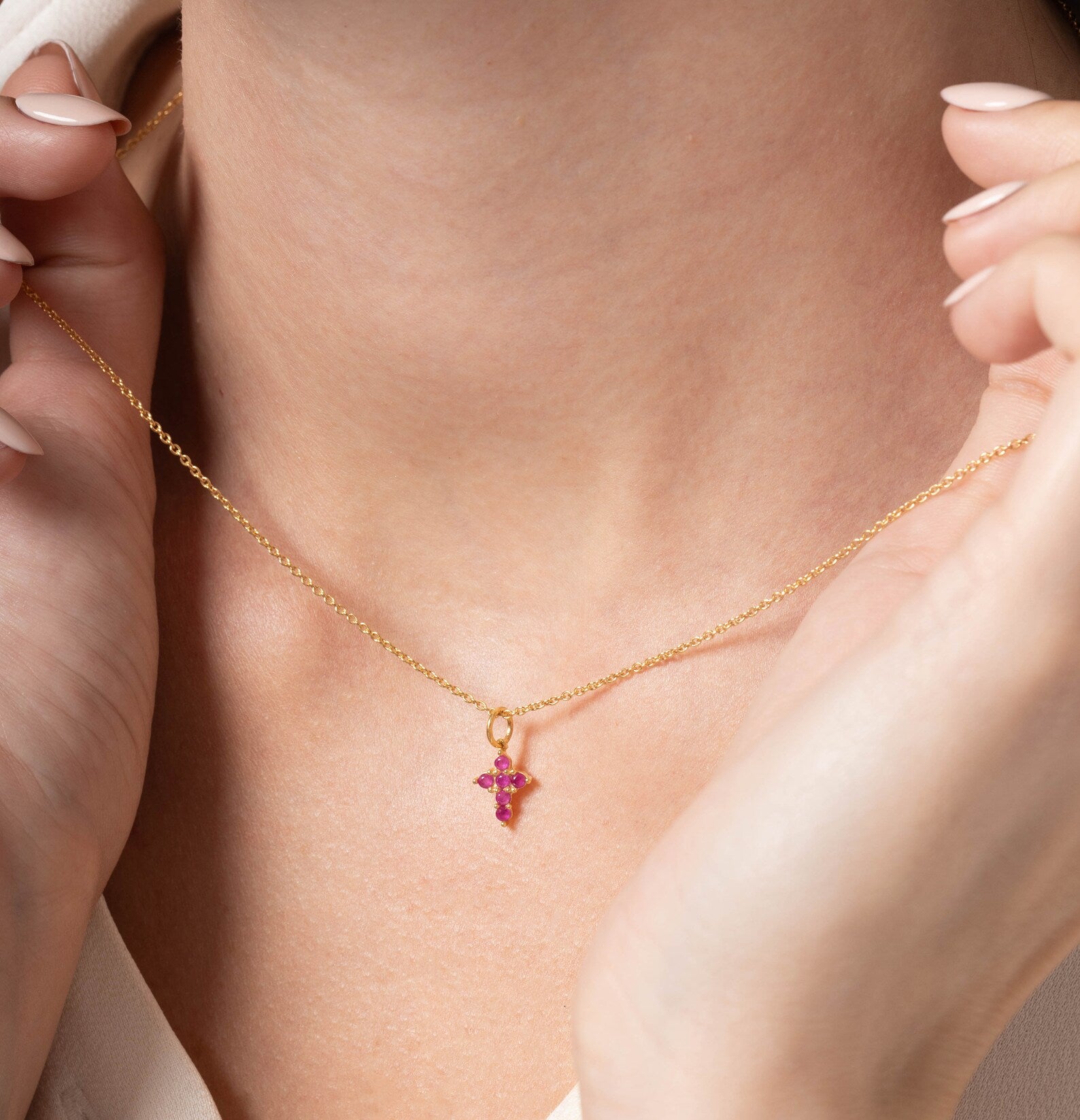 Ruby Necklace / Tiny Cross Pendant for Women / July Birthstone Necklace / Religious Necklace Gift