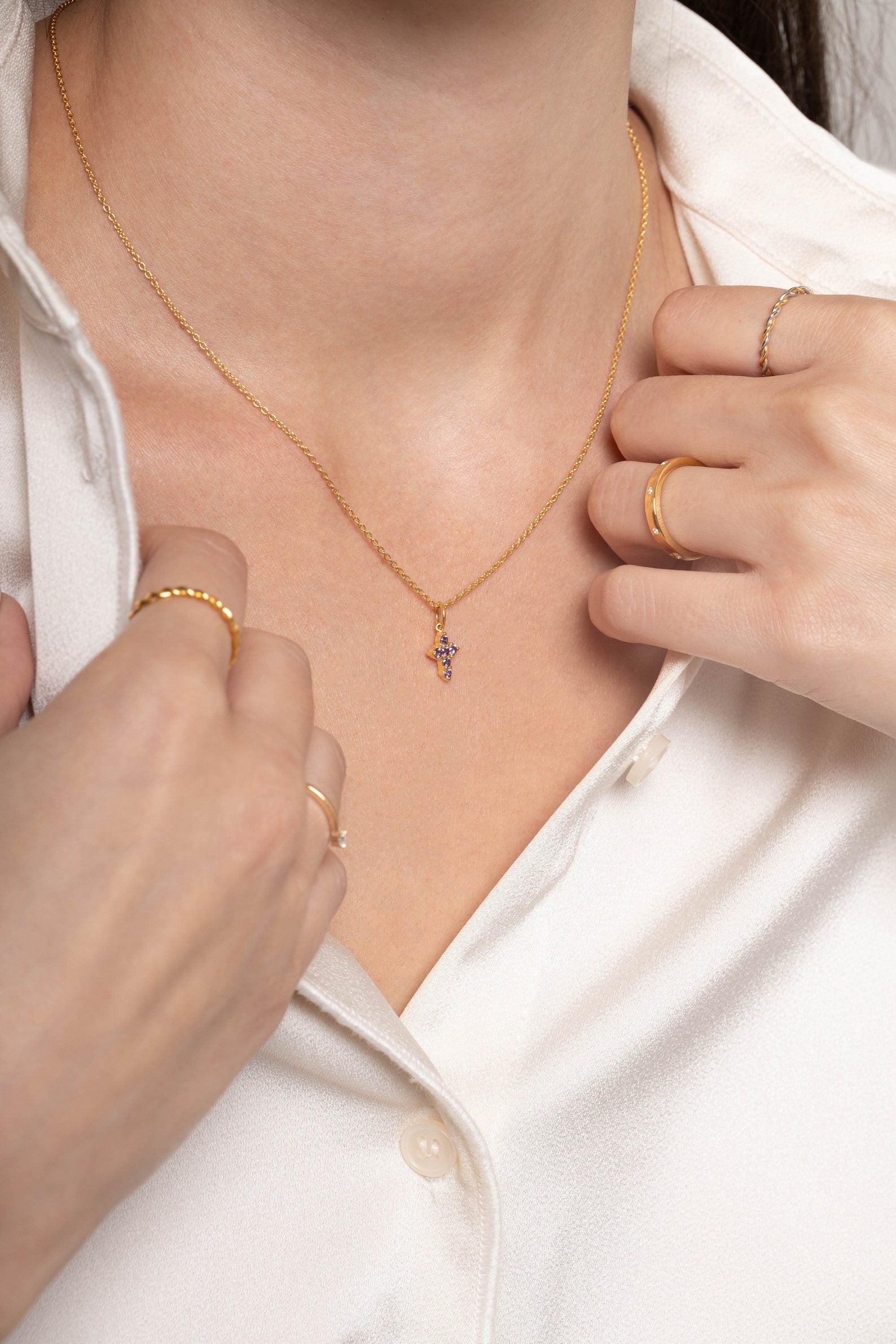 Amethyst Necklace / Tiny Cross Pendant for Women / February Birthstone Necklace / Religious Necklace Gift