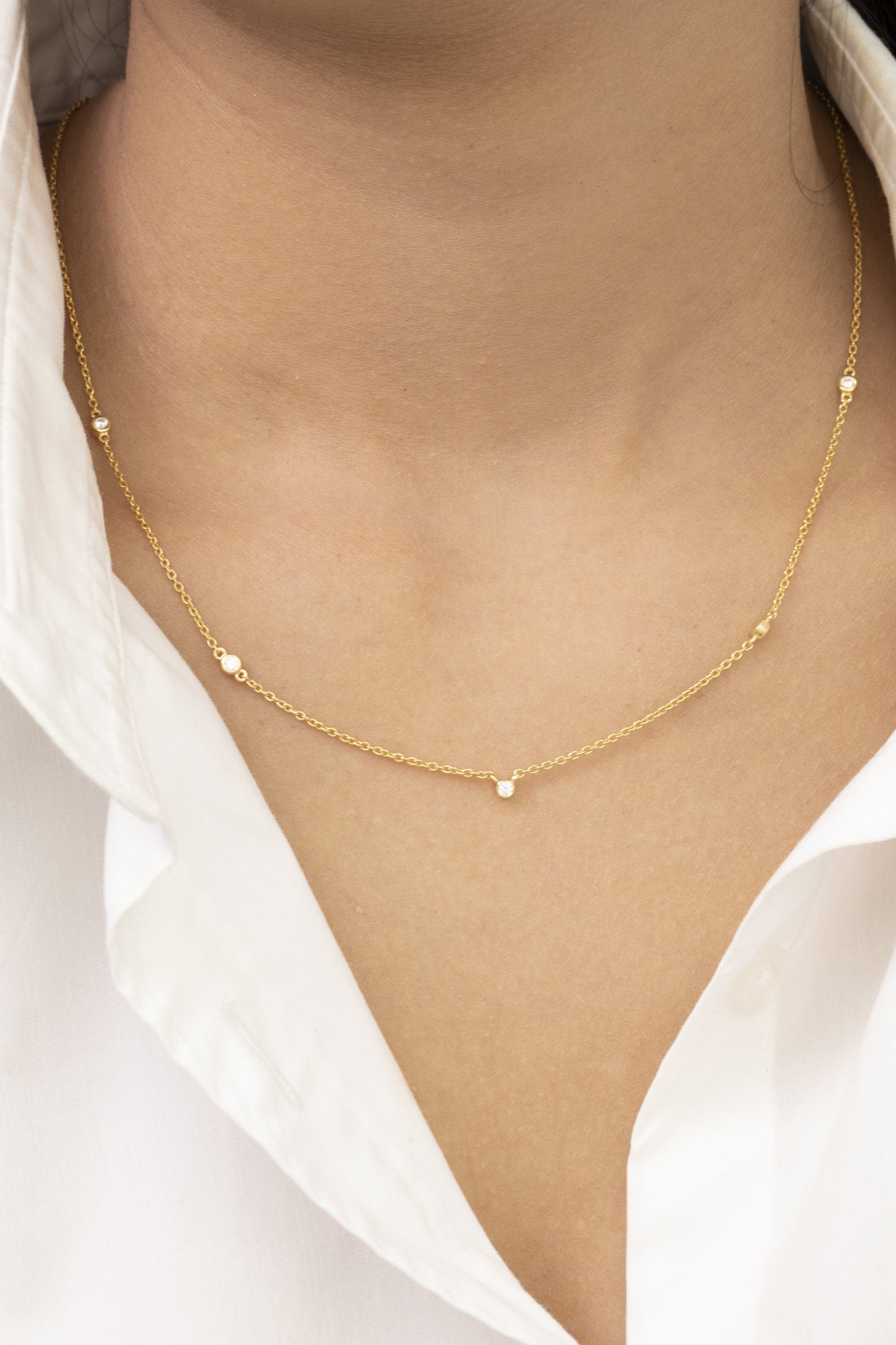 Moissanite by the Yard Necklace, 5 Station Bezel Set Necklace, Moissanite Wedding Necklace, Layering Necklace