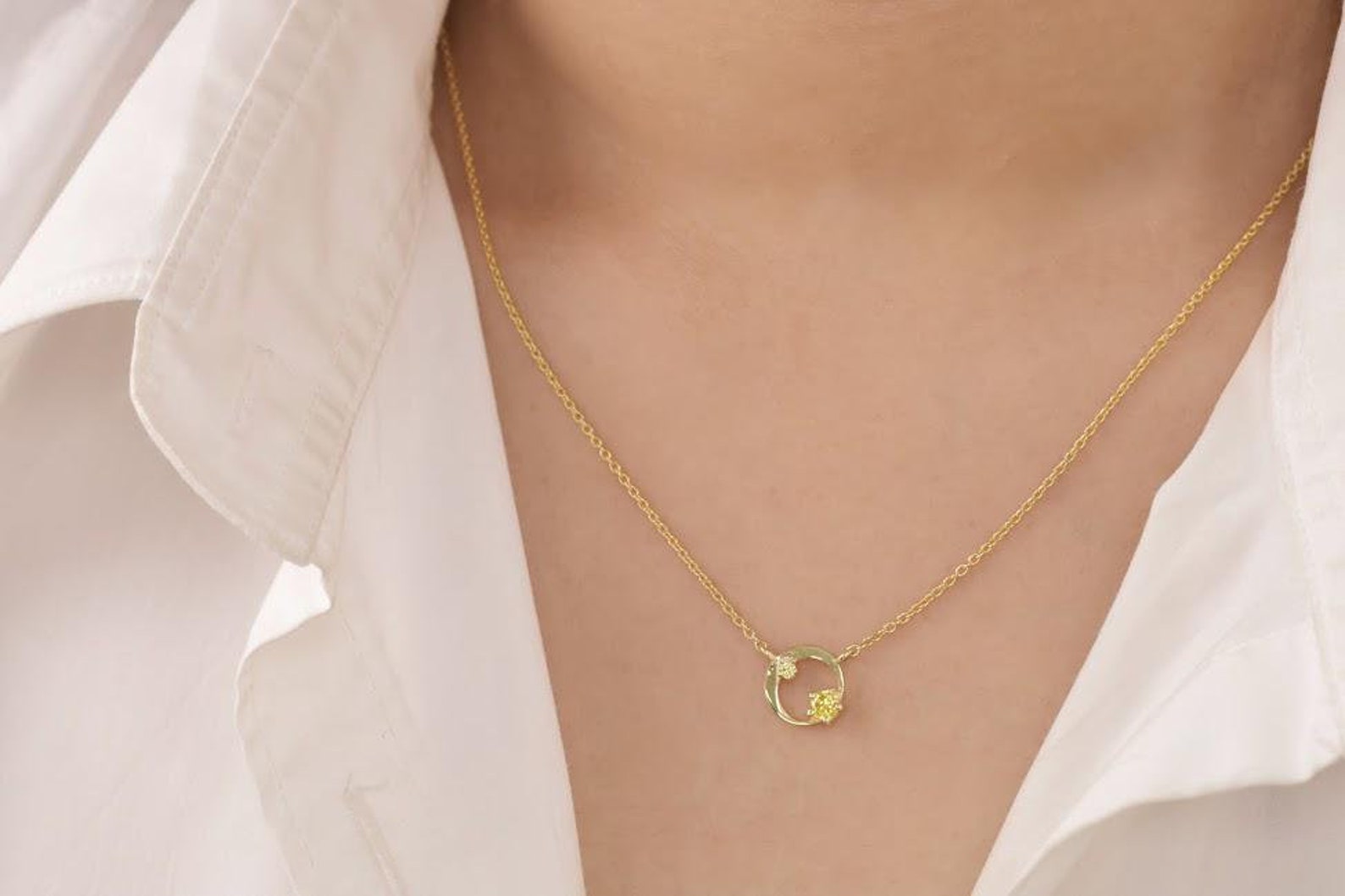 Yellow Sapphire Karma Circle Necklace, September Birthstone Gift, Open Circle Karma Necklace, Tiny Circle Necklace, Layering Necklace