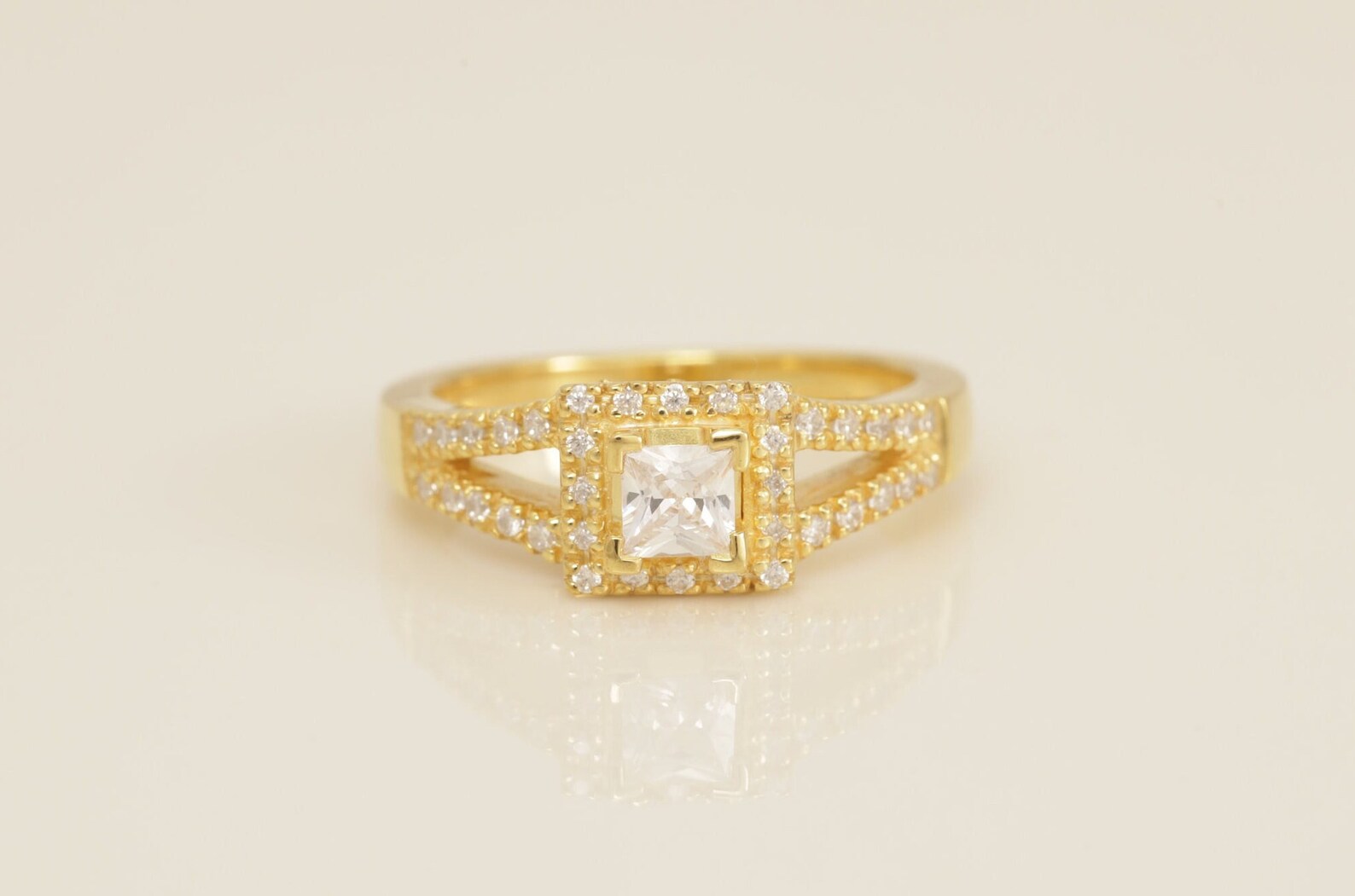 Princess Cut Diamond Engagement Ring, Diamond Halo Split Shank Wedding Ring, Bridal Promise Ring Gift for Women, Anniversary Ring