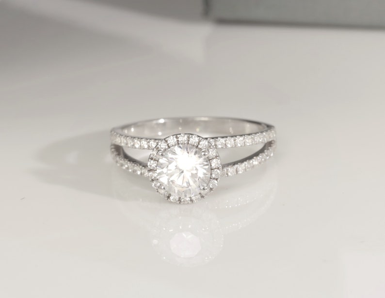 1.0 CT Split Shank Diamond Engagement Ring, Diamond Halo Anniversary Ring, Bridal Wedding Ring Gift for Her