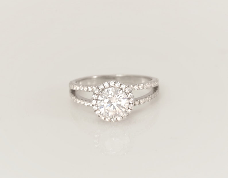 1.0 CT Split Shank Diamond Engagement Ring, Diamond Halo Anniversary Ring, Bridal Wedding Ring Gift for Her