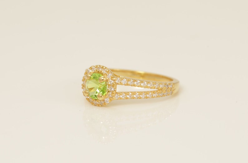 Split Shank Peridot Engagement Ring, July Birthstone Ring, Round Diamond Halo Anniversary Ring, Bridal Promise Ring