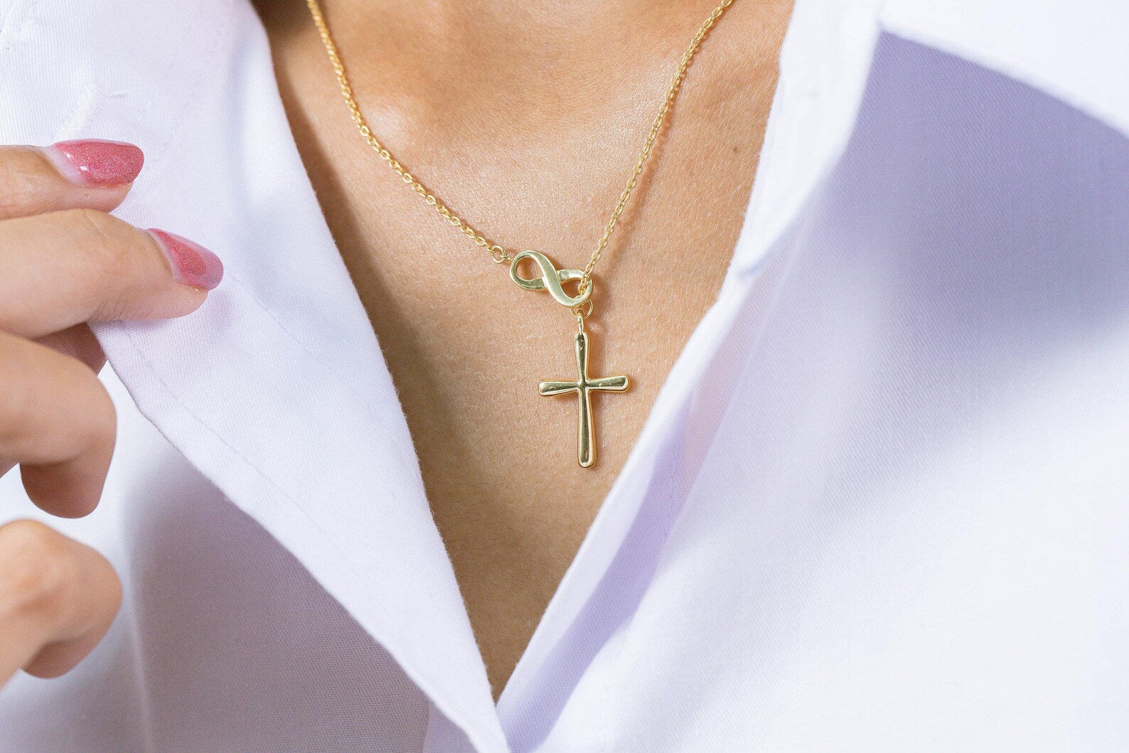 Infinity Cross Pendant Necklace, 14K Solid Gold Lariat Necklace, Infinity Luck Necklace, Religious Necklace for Women