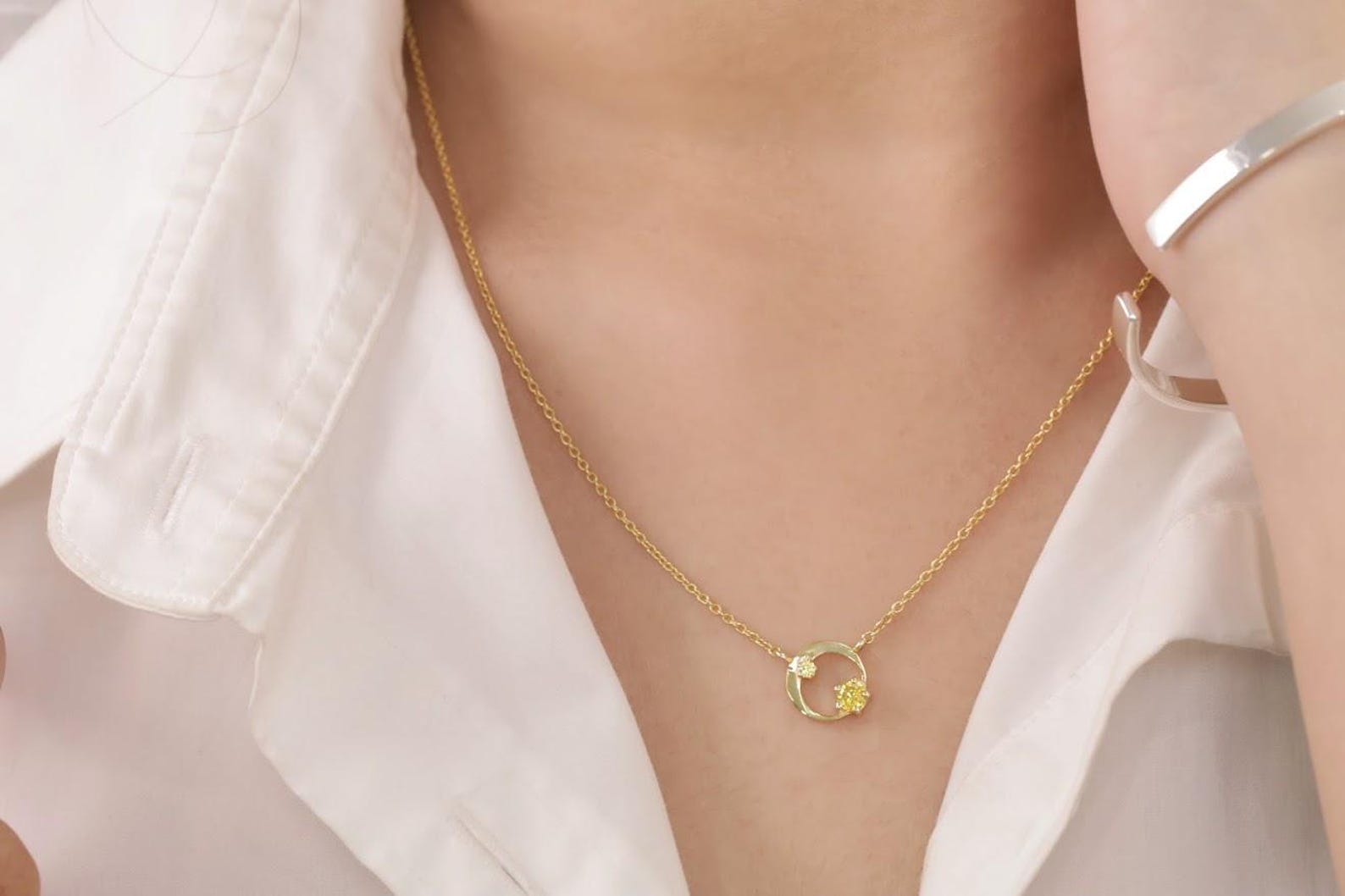 Yellow Sapphire Karma Circle Necklace, September Birthstone Gift, Open Circle Karma Necklace, Tiny Circle Necklace, Layering Necklace