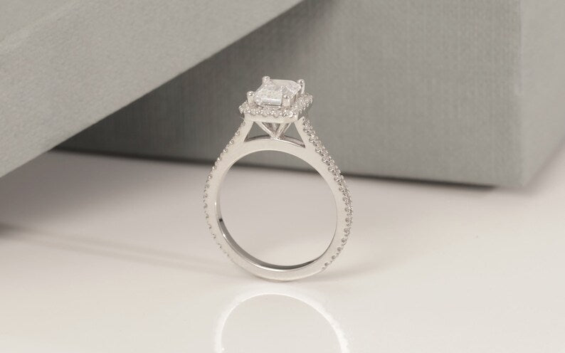 1.75 CT Emerald Cut Diamond Engagement Ring, Diamond Halo Wedding Ring, Promise Ring for Women, Anniversary Ring