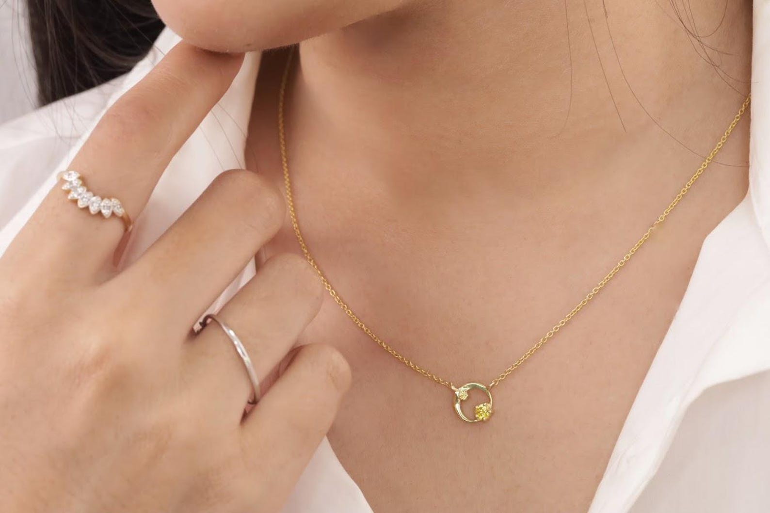 Yellow Sapphire Karma Circle Necklace, September Birthstone Gift, Open Circle Karma Necklace, Tiny Circle Necklace, Layering Necklace