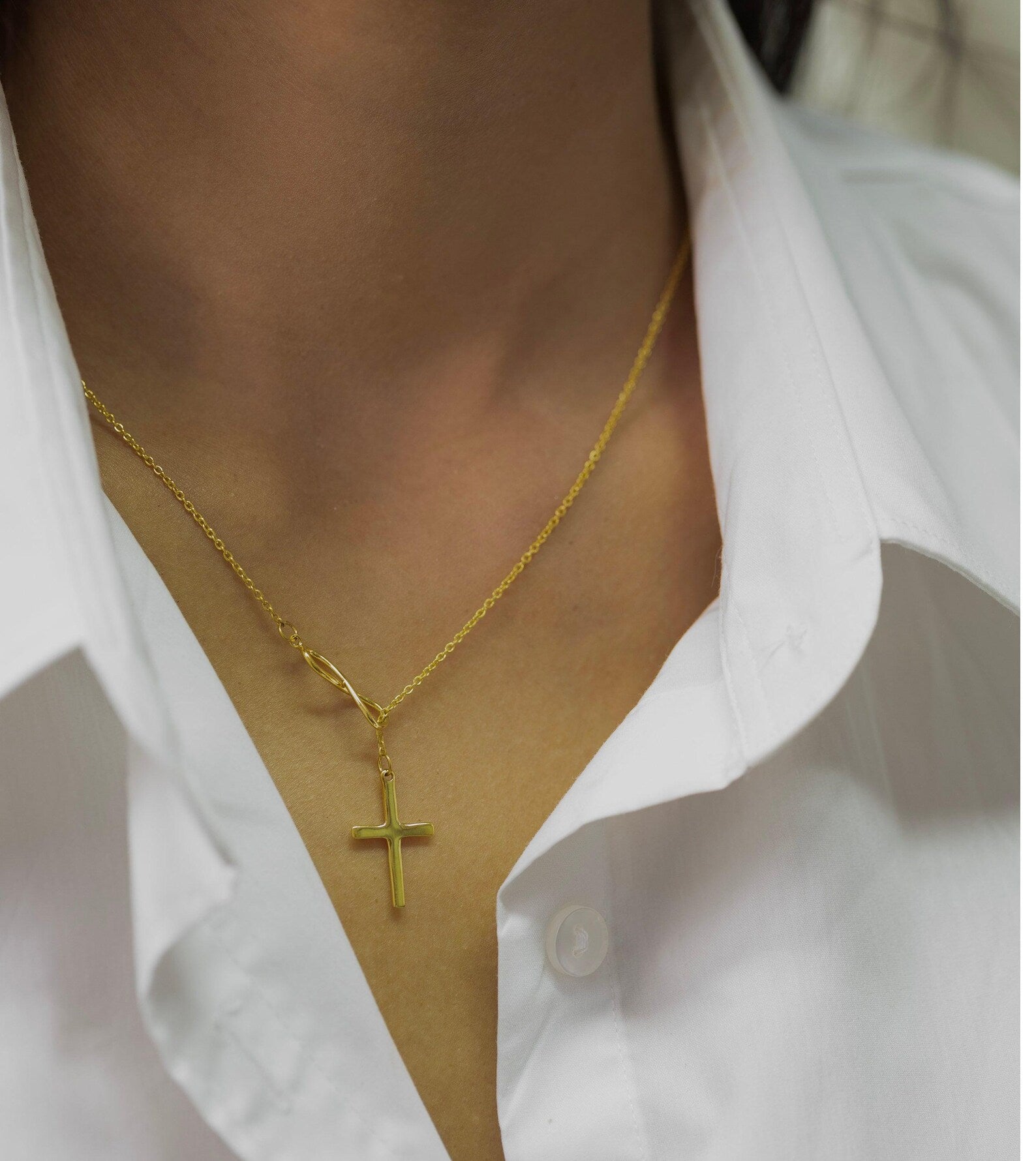 Infinity Cross Pendant Necklace, 14K Solid Gold Lariat Necklace, Infinity Luck Necklace, Religious Necklace for Women