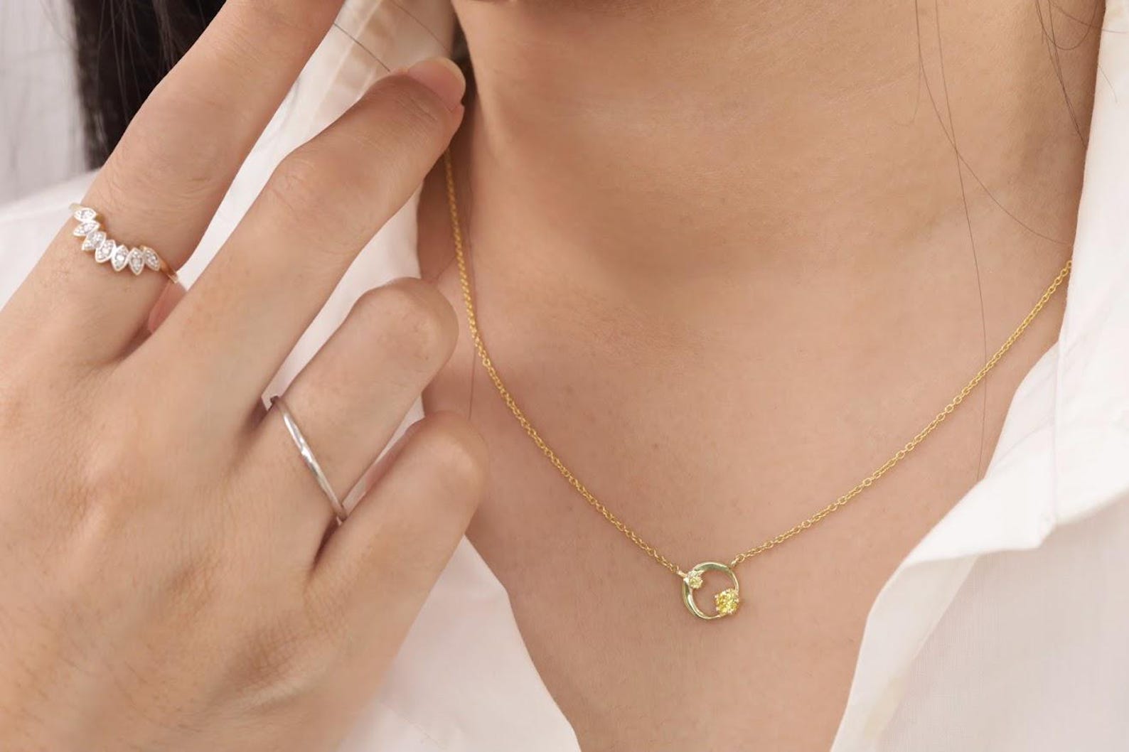 Yellow Sapphire Karma Circle Necklace, September Birthstone Gift, Open Circle Karma Necklace, Tiny Circle Necklace, Layering Necklace