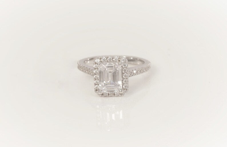 1.75 CT Emerald Cut Diamond Engagement Ring, Diamond Halo Wedding Ring, Promise Ring for Women, Anniversary Ring