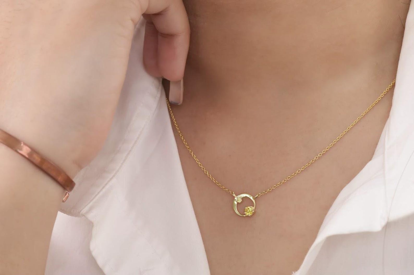 Yellow Sapphire Karma Circle Necklace, September Birthstone Gift, Open Circle Karma Necklace, Tiny Circle Necklace, Layering Necklace