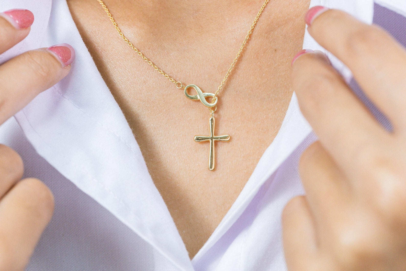 Infinity Cross Pendant Necklace, 14K Solid Gold Lariat Necklace, Infinity Luck Necklace, Religious Necklace for Women