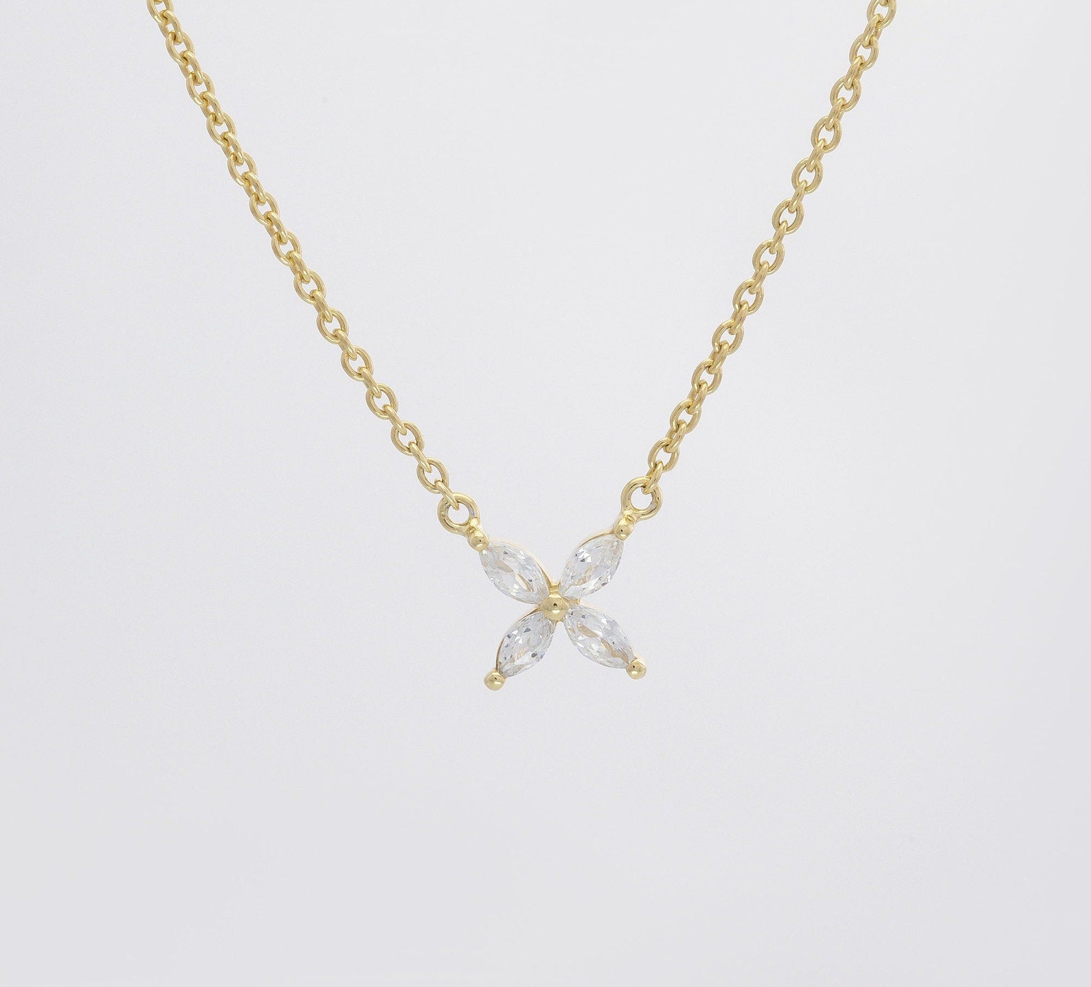 Marquise Flower Necklace, Sterling Silver Dainty Flower Pendant, Adjustable Layering Necklace, Minimalist Bridal Nacklace