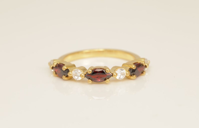 Art Deco Marquise Wedding Band, Alternating Diamond & Garnet Vintage Wedding Ring, Half Eternity Stackable Band