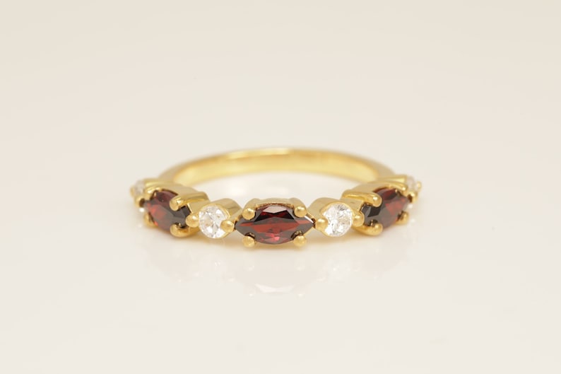 Art Deco Marquise Wedding Band, Alternating Diamond & Garnet Vintage Wedding Ring, Half Eternity Stackable Band