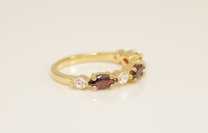 Art Deco Marquise Wedding Band, Alternating Diamond & Garnet Vintage Wedding Ring, Half Eternity Stackable Band